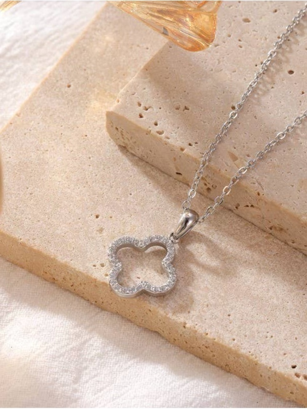 Waterproof Tarnish Free Sparkling Silver or Gold Clover Outline Necklace -